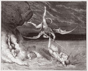 Jumalallinen komedia (La Divina Commedia, La Divine Comedie), Inferno, Canto 22: Ciampolo pakenee demoni Alichinoa viidennessä bolgiassa - Dante Alighieri (1265-1321) - Kuvitus Gustave Doresta (1832-1883) tekijältä Gustave Dore