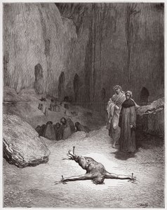 Jumalallinen komedia (La Divina Commedia, La Divine Comedie), Inferno, Canto 23: Ristiinnaulittu fariseus tekopyhien joukossa - Dante Alighieri (1265-1321) - Gustave Doren (1832-1883) kuvitus tekijältä Gustave Dore