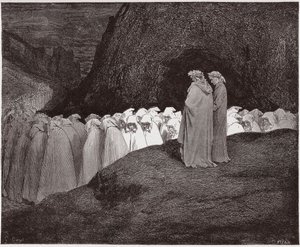 Jumalallinen komedia (La Divina Commedia, La Divine Comedie), Inferno, Canto 23: Tekopyhät puhuvat Dantesta - Dante Alighieri (1265-1321) - Kuvitus Gustave Doresta (1832-1883) tekijältä Gustave Dore