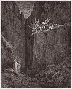 Jumalallinen komedia (La Divina Commedia, La Divine Comedie), Inferno, Canto 23: Runoilijat pakenevat viidennen bolgian demoneja - Dante Alighieri (1265-1321) - Gustave Doren (1832-1883) kuvitus tekijältä Gustave Dore