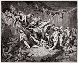 Jumalallinen komedia (La Divina Commedia, La Divine Comedie), Inferno, Canto 24: Käärmeiden kiusamat varkaat - Dante Alighieri (1265-1321) - Gustave Doren (1832-1883) kuvitus tekijältä Gustave Dore