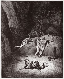 Jumalallinen komedia (La Divina Commedia, La Divine Comedie), Inferno, Canto 25: Agnello muuttumassa käärmeeksi - Dante Alighieri (1265-1321) - Kuvitus Gustave Dore (1832-1883) tekijältä Gustave Dore