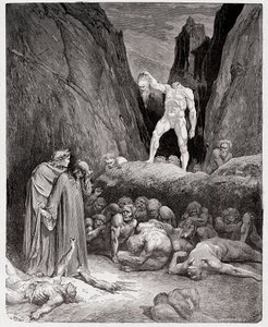 Jumalallinen komedia (La Divina Commedia, La Divine Comedie), Inferno, Canto 28: Bertrand de Bornin leikattu pää puhuu Dantelle - kirjoittanut Dante Alighieri (1265-1321) - kuvitus Gustave Doresta (1832-1883) tekijältä Gustave Dore