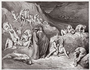 Jumalallinen komedia (La Divina Commedia, La Divine Comedie), Inferno, Canto 29: Kutina piinaavat väärentäjät ja väärentäjät - Dante Alighieri (1265-1321) - Kuvitus Gustave Dore (1832-1883) tekijältä Gustave Dore