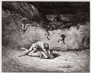 Jumalallinen komedia (La Divina Commedia, La Divine Comedie), Inferno, Canto 30: Väärentäjien piina yhdeksännessä bolgiassa (Gianni Schicchi) - Dante Alighieri (1265-1321) - Kuvitus Gustave Dore (1832-1883) tekijältä Gustave Dore