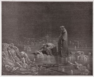 Jumalallinen komedia (La Divina Commedia, La Divine Comedie), Inferno, Canto 32: Dante puhuu petturi Bocca degli Abatia - kirjoittanut Dante Alighieri (1265-1321) - Kuvitus Gustave Doresta (1832-1883) tekijältä Gustave Dore