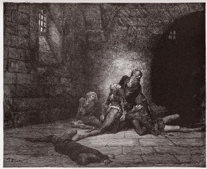 Jumalallinen komedia (La Divina Commedia, La Divine Comedie), Inferno, Canto 33: Gaddo kuolee isänsä silmien edessä - Dante Alighieri (1265-1321) - Gustave Doren (1832-1883) kuvitus tekijältä Gustave Dore