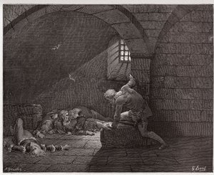 Jumalallinen komedia (La Divina Commedia, La Divine Comedie), Inferno, Canto 33: Ugolino sellissä neljän kuolleen poikansa kanssa - Dante Alighieri (1265-1321) - Kuvitus Gustave Dore (1832-1883) tekijältä Gustave Dore