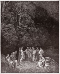 Jumalallinen komedia (La Divina Commedia, La Divine Comedie), Inferno, Canto 4: Homeros, runoilijat ja sankarit Limbossa - Dante Alighieri (1265-1321) - Gustave Doren (1832-1883) kuvitus tekijältä Gustave Dore