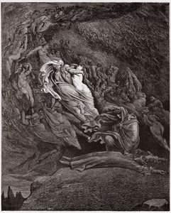 Jumalallinen komedia (La Divina Commedia, La Divine Comedie), Inferno, Canto 5: Francesca kuvaa kuolemaansa - kirjoittanut Dante Alighieri (1265-1321) - kuvitus Gustave Doresta (1832-1883) tekijältä Gustave Dore