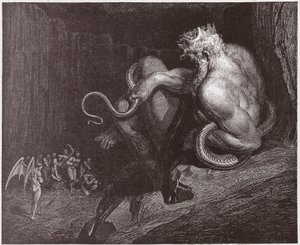 Jumalallinen komedia (La Divina Commedia, La Divine Comedie), Inferno, Canto 5: Minos tuomitsee rikkomukset ja lähettää sielut - Dante Alighieri (1265-1321) - Kuvitus Gustave Dore (1832-1883) tekijältä Gustave Dore