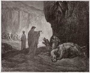 Jumalallinen komedia (La Divina Commedia, La Divine Comedie), Inferno, Canto 6: Vergilius ruokkii Cerberusta kolmannessa ympyrässä - Dante Alighieri (1265-1321) - Gustave Doren (1832-1883) kuvitus tekijältä Gustave Dore