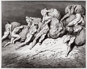 Jumalallinen komedia (La Divina Commedia, La Divine Comedie), Inferno, Canto 7: Ahneiden ja tuhlaajapojan sielut, jotka pakotettiin vierimään raskaita kiviä - Dante Alighieri (1265-1321) - Kuvitus Gustave Dore (1832-1883) tekijältä Gustave Dore