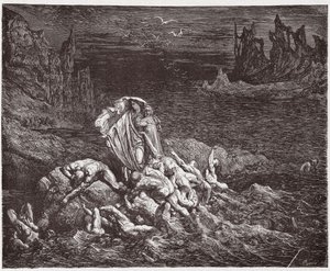 Jumalallinen komedia (La Divina Commedia, La Divine Comedie), Inferno, Canto 7: Vergilius näyttää Dantelle vihaisten sielut Styxissä - Dante Alighieri (1265-1321) - Kuvitus Gustave Doren (1832-1883) tekijältä Gustave Dore