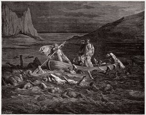 Jumalallinen komedia (La Divina Commedia, La Divine Comedie), Inferno, Canto 8: Phlegyasin lautat Dante ja Virgil Styxin poikki - Dante Alighieri (1265-1321) - Kuvitus Gustave Dore (1832-1883) tekijältä Gustave Dore