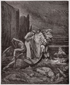 Jumalallinen komedia (La Divina Commedia, La Divine Comedie), Inferno, Canto 8: Firenzeläisen Philippo Argentin sielu puhuu runoilijoita Styxillä - Dante Alighieri (1265-1321) - Gustave Doren (1832-1883) kuvitus tekijältä Gustave Dore