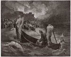 Jumalallinen komedia (La Divina Commedia, La Divine Comedie), Inferno, Canto 8: Vergilius ja Dante poistuvat Disin linnoituksesta - Dante Alighieri (1265-1321) - Kuvitus Gustave Doresta (1832-1883) tekijältä Gustave Dore