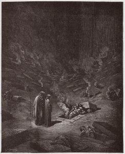 Jumalallinen komedia (La Divina Commedia, La Divine Comedie), Inferno, Canto 9: Harhaoppineiden palavat haudat - Dante Alighieri (1265-1321) - Kuvitus Gustave Dore (1832-1883) tekijältä Gustave Dore