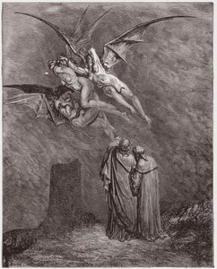 Jumalallinen komedia (La Divina Commedia, La Divine Comedie), Inferno, Canto 9: Inhottava Eronyes: Megaera, Tisphone, Alecto - Dante Alighieri (1265-1321) - Kuvitus Gustave Dore (1832-1883) tekijältä Gustave Dore