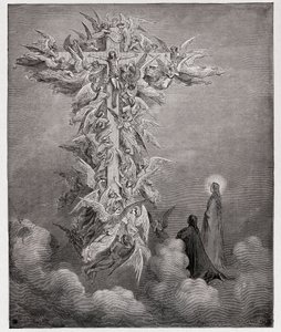Jumalallinen komedia (La Divina Commedia, La Divine Comedie), Paradiso, Canto 14: Dante ja Beatrice näkevät enkelit Kristuksen kanssa ristillä - Dante Alighieri (1265-1321) - Gustave Doren (1832-1883) kuvitus tekijältä Gustave Dore