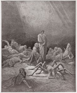 Jumalallinen komedia (La Divina Commedia, La Divine Comedie), Purgatorio, Canto 12: Dante näkee Arachnen sielun - kirjoittanut Dante Alighieri (1265-1321) - kuvitus Gustave Doresta (1832-1883) tekijältä Gustave Dore