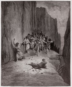 Jumalallinen komedia (La Divina Commedia, La Divine Comedie), Purgatorio, Canto 15: Danten visio Stephenin kivittämisestä - Dante Alighieri (1265-1321) - Gustave Doren (1832-1883) kuvitus tekijältä Gustave Dore