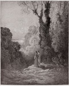 Jumalallinen komedia (La Divina Commedia, La Divine Comedie), Purgatorio, Canto 1: Runoilijat näkevät Venuksen kauneuden aamutaivaalla - Dante Alighieri (1265-1321) - Kuvitus Gustave Dore (1832-1883) tekijältä Gustave Dore