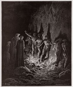 Jumalallinen komedia (La Divina Commedia, La Divine Comedie), Purgatorio, Canto 25: Himokas kulku tulen läpi seitsemännessä ympyrässä - Dante Alighieri (1265-1321) - Gustave Doren (1832-1883) kuvitus tekijältä Gustave Dore