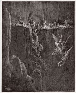 Jumalallinen komedia (La Divina Commedia, La Divine Comedie), Purgatorio, Canto 25: Vergilius ja Dante nousevat seitsemännelle kehälle liekkien läpi - Dante Alighieri (1265-1321) - Kuvitus Gustave Doren (1832-1883) tekijältä Gustave Dore