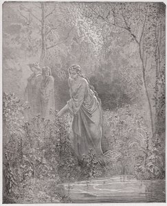 Jumalallinen komedia (La Divina Commedia, La Divine Comedie), Purgatorio, Canto 27: Dantin unelma Leahista niityllä - Dante Alighieri (1265-1321) - Kuvitus Gustave Dore (1832-1883) tekijältä Gustave Dore