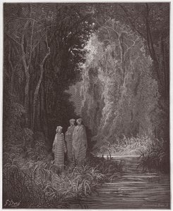 Jumalallinen komedia (La Divina Commedia, La Divine Comedie), Purgatorio, Canto 28: Dante, Vergilius ja Statius maanpäällisen paratiisin muinaisessa metsässä - Dante Alighieri (1265-1321) - Kuvitus Gustave Dore (1832-1883) ) tekijältä Gustave Dore