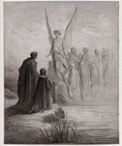 Jumalallinen komedia (La Divina Commedia, La Divine Comedie), Purgatorio, Canto 2: Taivaallinen luotsi laskeutuu veneeseen - Dante Alighieri (1265-1321) - Kuvitus Gustave Dore (1832-1883) tekijältä Gustave Dore