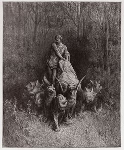 Jumalallinen komedia (La Divina Commedia, La Divine Comedie), Purgatorio, Canto 32: Jättiläinen ja portto vaunuissa - Dante Alighieri (1265-1321) - Kuvitus Gustave Dore (1832-1883) tekijältä Gustave Dore