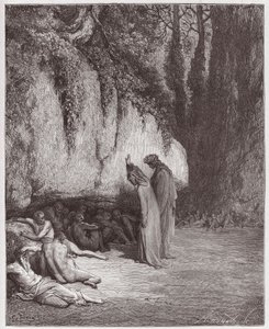 Jumalallinen komedia (La Divina Commedia, La Divine Comedie), Purgatorio, Canto 4: Laiskoja sieluja kallion vieressä - Dante Alighieri (1265-1321) - Kuvitus Gustave Dore (1832-1883) tekijältä Gustave Dore