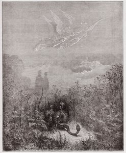 Jumalallinen komedia (La Divina Commedia, La Divine Comedie), Purgatorio, Canto 8: Enkelit ajavat käärmeen pois - Dante Alighieri (1265-1321) - Kuvitus Gustave Dore (1832-1883) tekijältä Gustave Dore