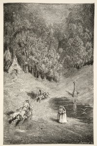 Arthurin ja Pellinoren kohtaaminen, Charles Henry Hansonin teoksesta Tarinoita kuningas Arthurin päivistä, julkaistu 1898. tekijältä Gustave Dore