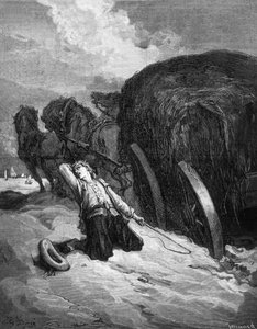Jean La Fontainen tarinat: "Chartier embourbe" (mutaan juuttunut raahamies), Paul Jonnard-Pacelin kaiverrus Gustave Doren mukaan. tekijältä Gustave Dore