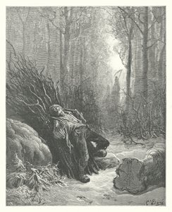 La Fontainen sadut: Fontaine: Kuolema ja puunleikkaaja (kaiverrus). tekijältä Gustave Dore