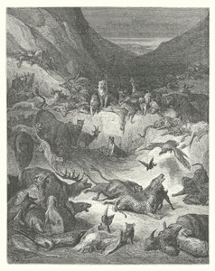 La Fontainen sadut: Fontaine: Ruttoon sairastuneet eläimet (kaiverrus). tekijältä Gustave Dore