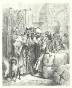 La Fontainen sadut: Bashaw ja kauppias (kaiverrus). tekijältä Gustave Dore