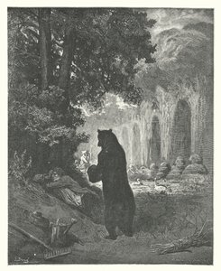 La Fontainen sadut: Karhu ja puutarhanhoidon harrastaja (kaiverrus). tekijältä Gustave Dore