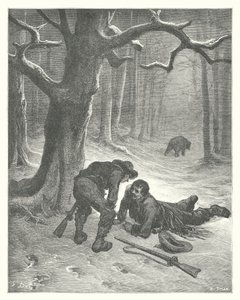 La Fontainen sadut: Fontaine: Karhu ja kaksi ystävää (kaiverrus). tekijältä Gustave Dore