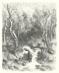 La Fontainen sadut: Fontaine: Kissa ja kettu (kaiverrus). tekijältä Gustave Dore