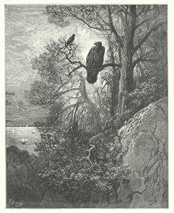 La Fontainen sadut: Fontaine: Kotka ja harakka (kaiverrus). tekijältä Gustave Dore