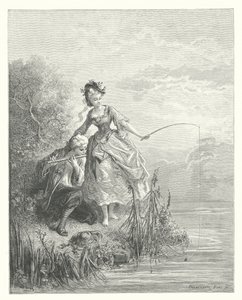 La Fontainen sadut: Fontaine: Kala ja paimen, joka soitti klarinetilla (kaiverrus). tekijältä Gustave Dore