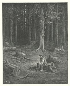 La Fontainen sadut: Fontaine: Metsä ja metsämies (kaiverrus). tekijältä Gustave Dore