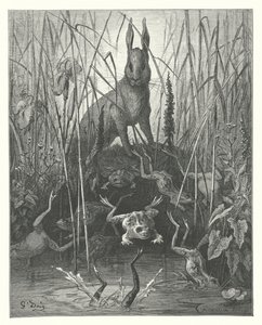 La Fontainen sadut: Fontaine: Jänis ja sammakot (kaiverrus). tekijältä Gustave Dore