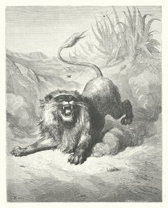 La Fontainen sadut: Fontaine: Leijona ja hiirulainen (kaiverrus). tekijältä Gustave Dore