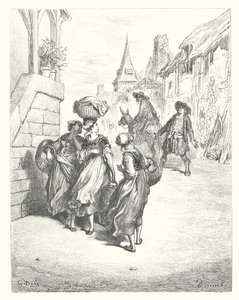 La Fontainen sadut: Fontaine: Myllymies, hänen poikansa ja aasi (kaiverrus). tekijältä Gustave Dore