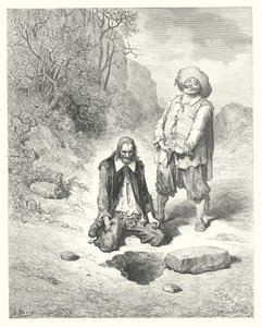 La Fontainen sadut: Fontaine: Aarteensa menettänyt kurja (kaiverrus). tekijältä Gustave Dore